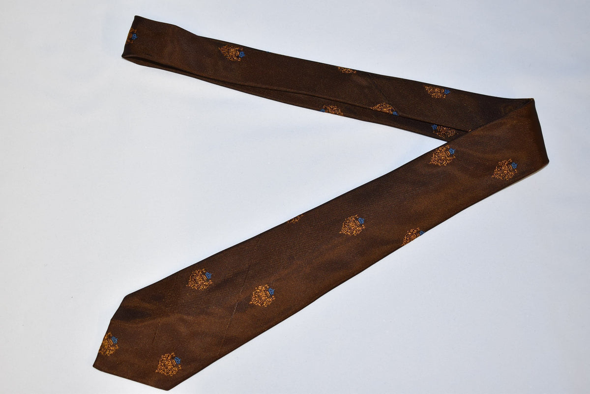 60s Brown Gold Royal Crown Motif Necktie