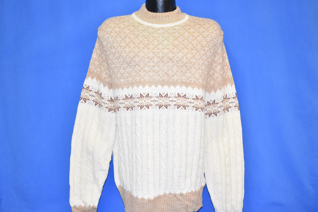 80s Beige White Criss Cross Snowflake Sweater Medium